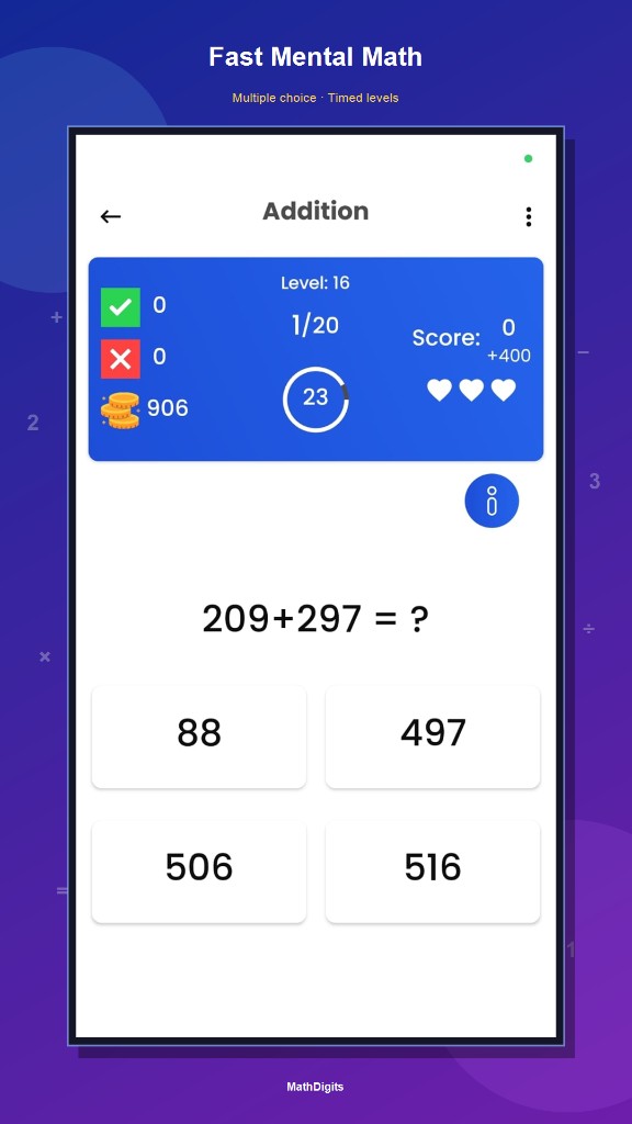 MathDigits fast mental math screen
