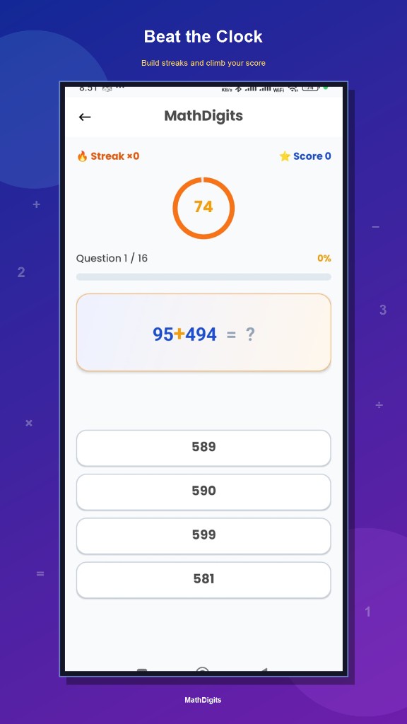 MathDigits beat the clock screen